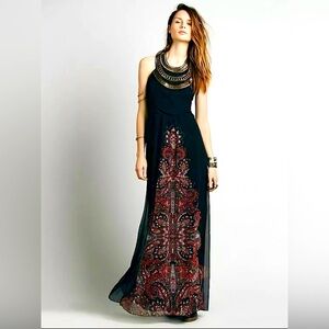 RARE Free People limited edition Maxi Dress Black Red Paisley, bib, size 0